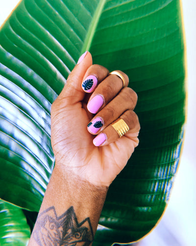 pink manicure featuring leaf nail stickers made by sudosci